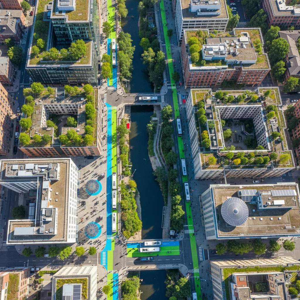 Overhead view of a sustainable urban center with electric bus lanes, bike paths, and green infrastructure.