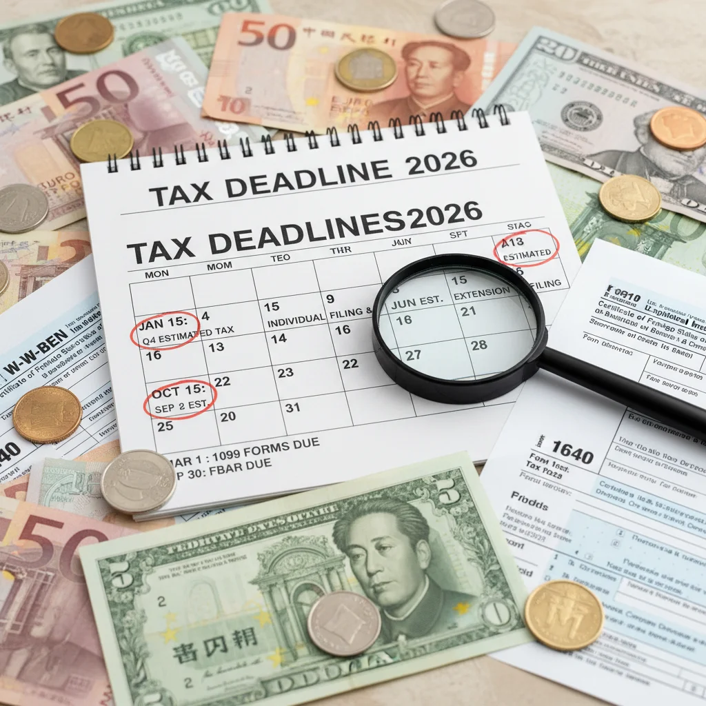 Calendar with 2026 US tax deadlines and international currency symbols.