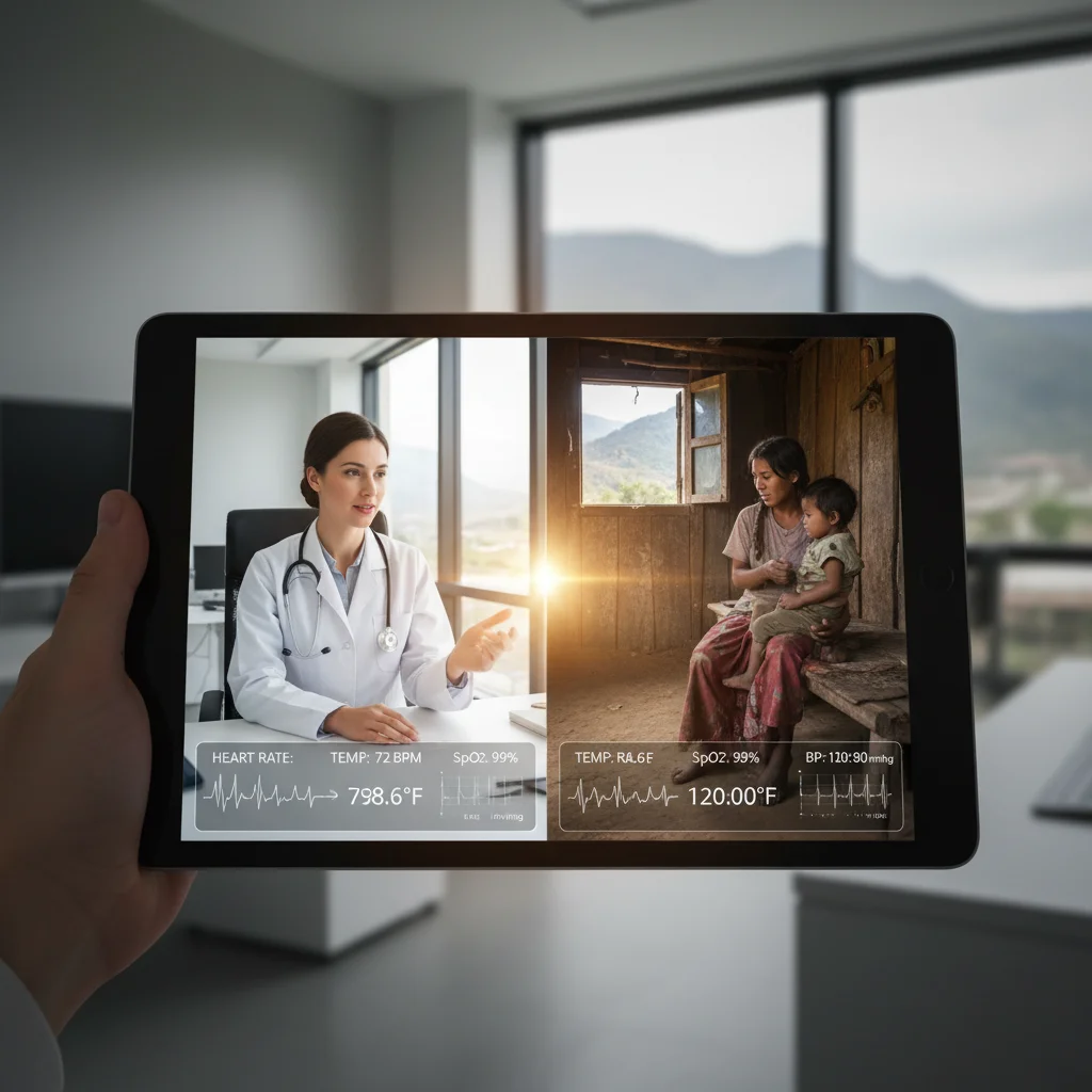 Telehealth consultation bridging healthcare gaps for a patient in a remote area.