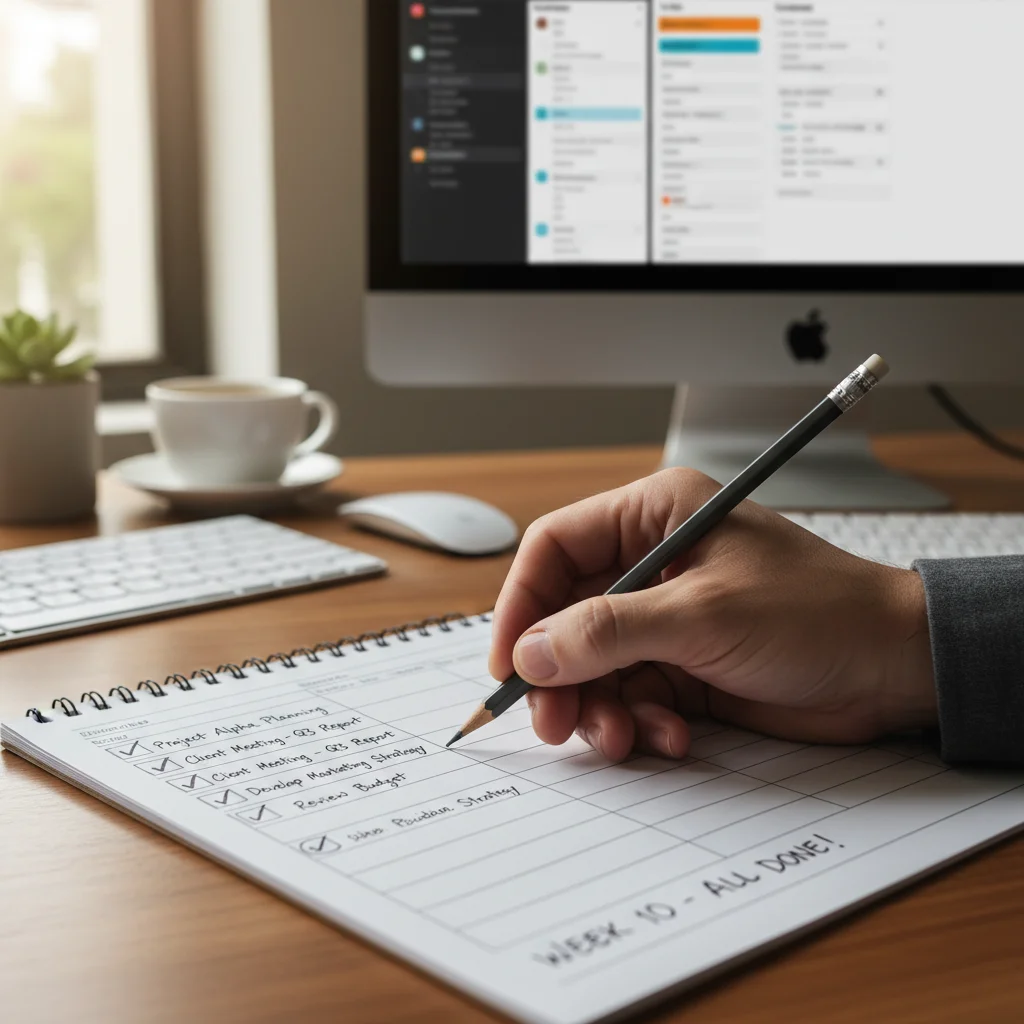 Hand checking off completed tasks on a 90-day action plan checklist
