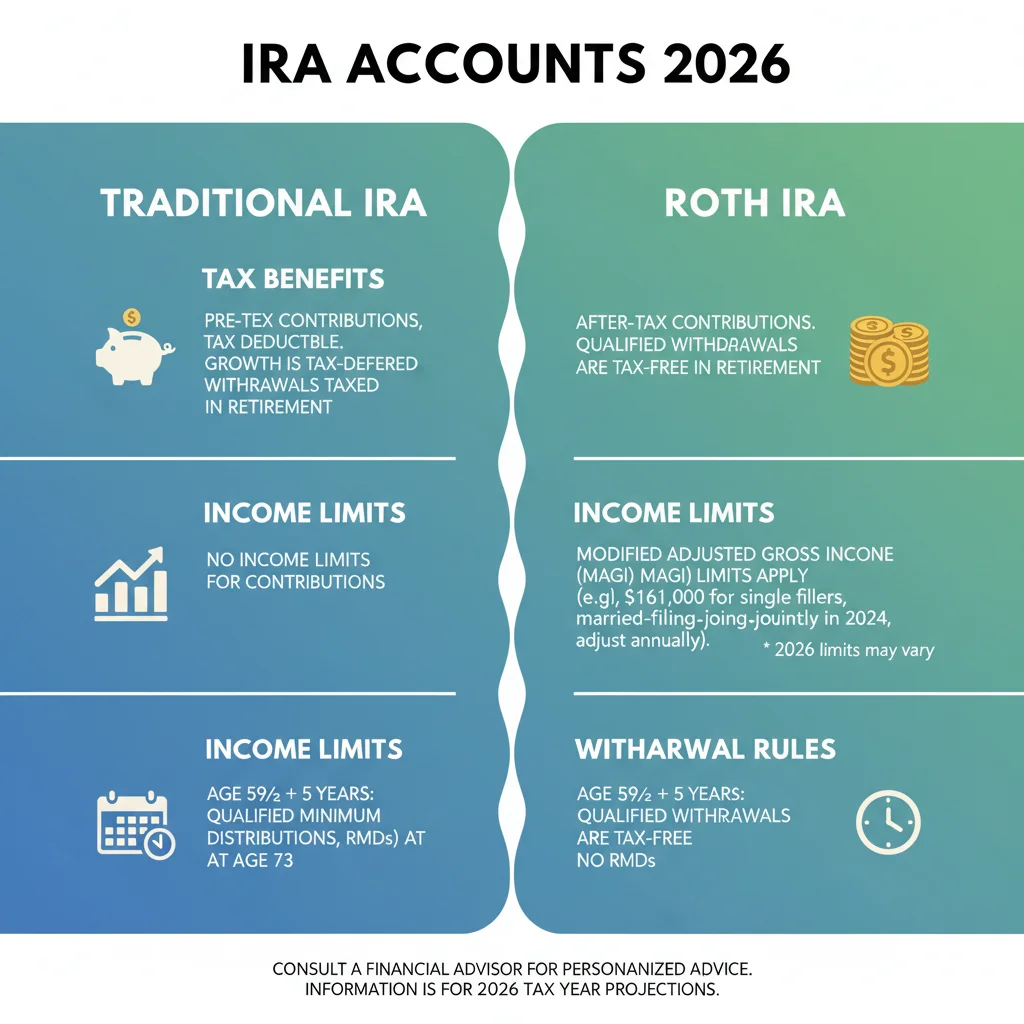 Infographic comparing Traditional IRA vs Roth IRA benefits 2026