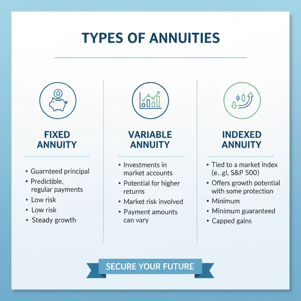 Infographic showing different types of annuities and their characteristics.