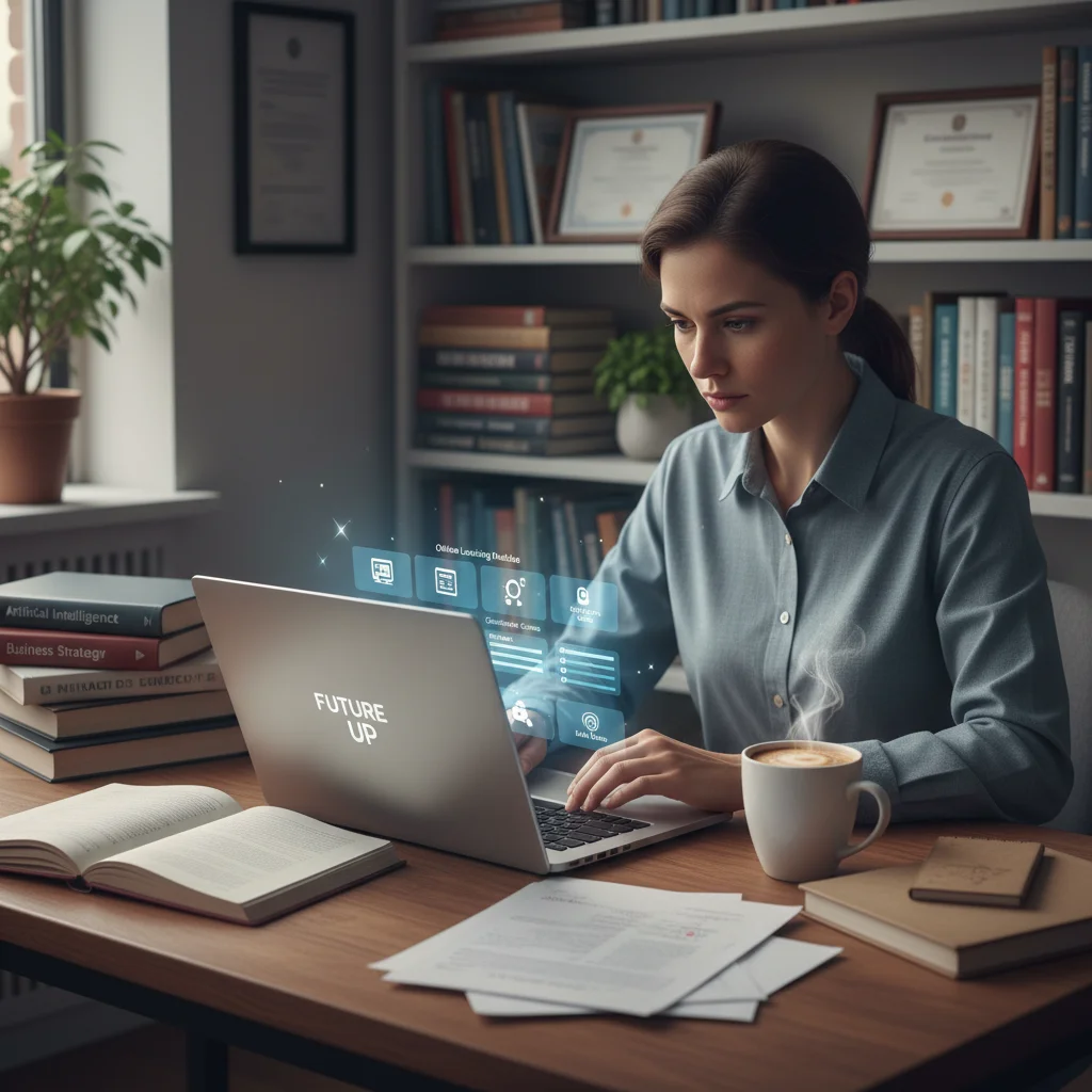 Individual engaged in online learning and upskilling for professional growth.