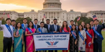 Diverse group of people with American flags in front of US Capitol, symbolizing US citizenship aspirations.