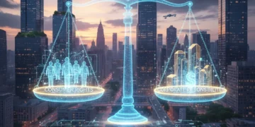Futuristic scales balancing consumer rights and corporate responsibilities in 2026