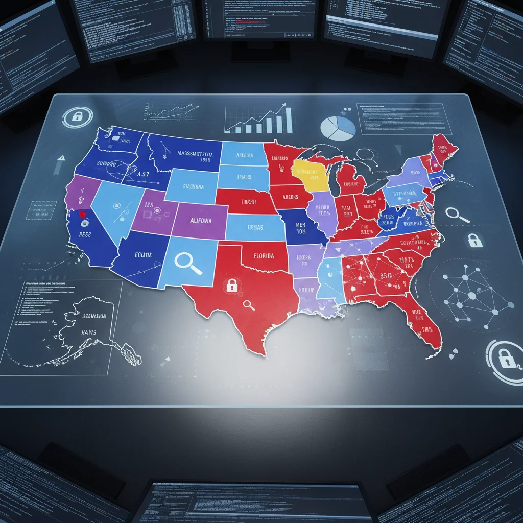 Digital representation of the US electoral map, showing state-by-state political data.
