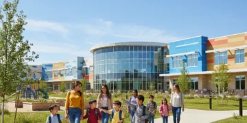 Parents and children entering a modern US public school building