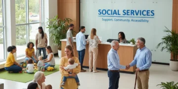 Diverse individuals seeking help at a modern social services center, highlighting community support.