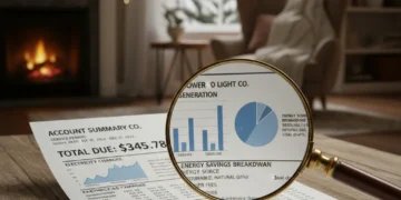 Detailed US utility bill statement with magnifying glass, winter home background