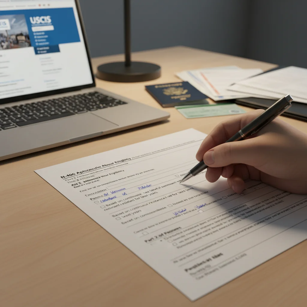 Close-up of USCIS naturalization application form N-400 with a pen, emphasizing paperwork.