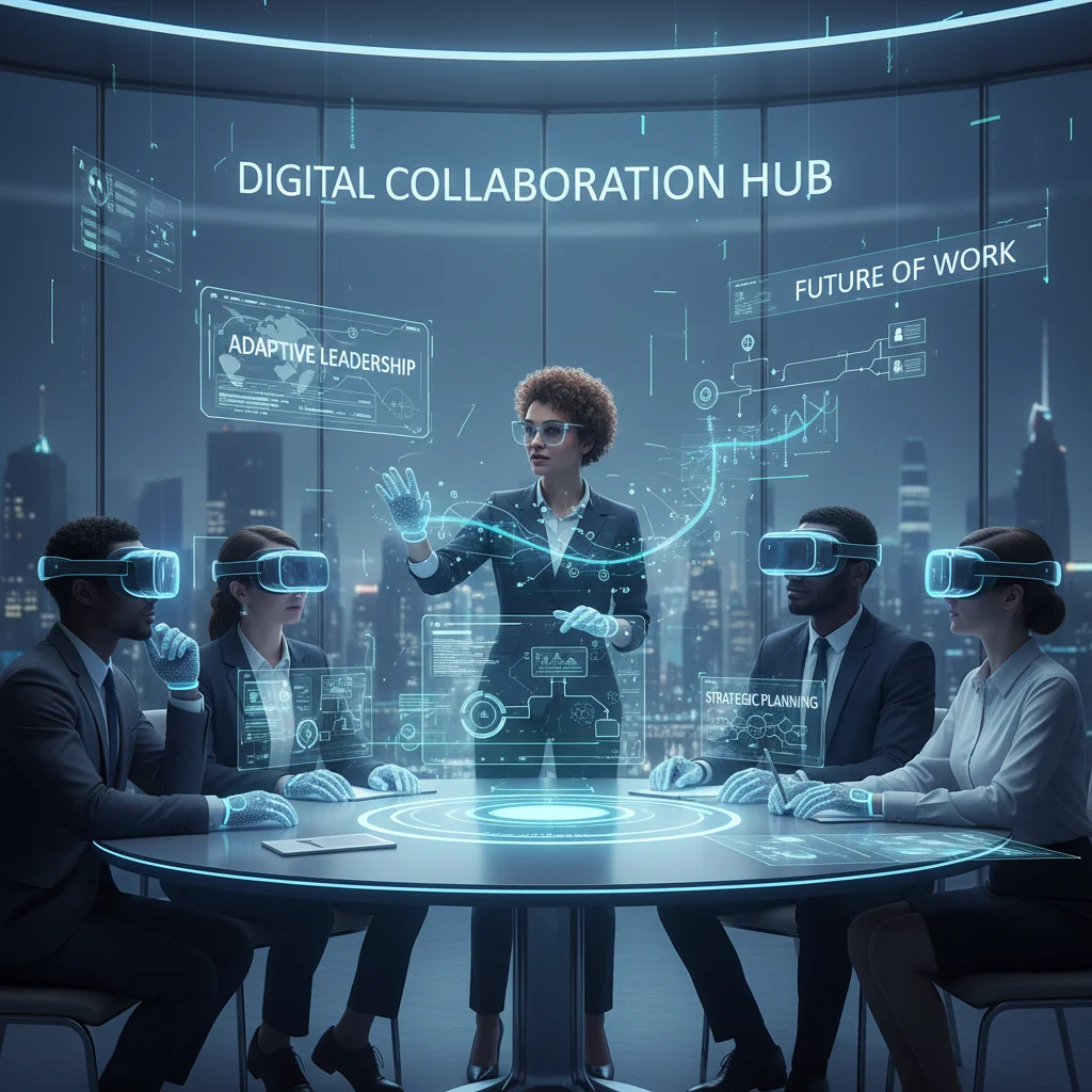 Professionals in VR meeting, demonstrating adaptive leadership and digital collaboration
