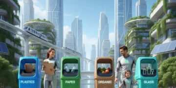 Family sorting waste into color-coded recycling bins, futuristic city background, representing waste management in 2026.
