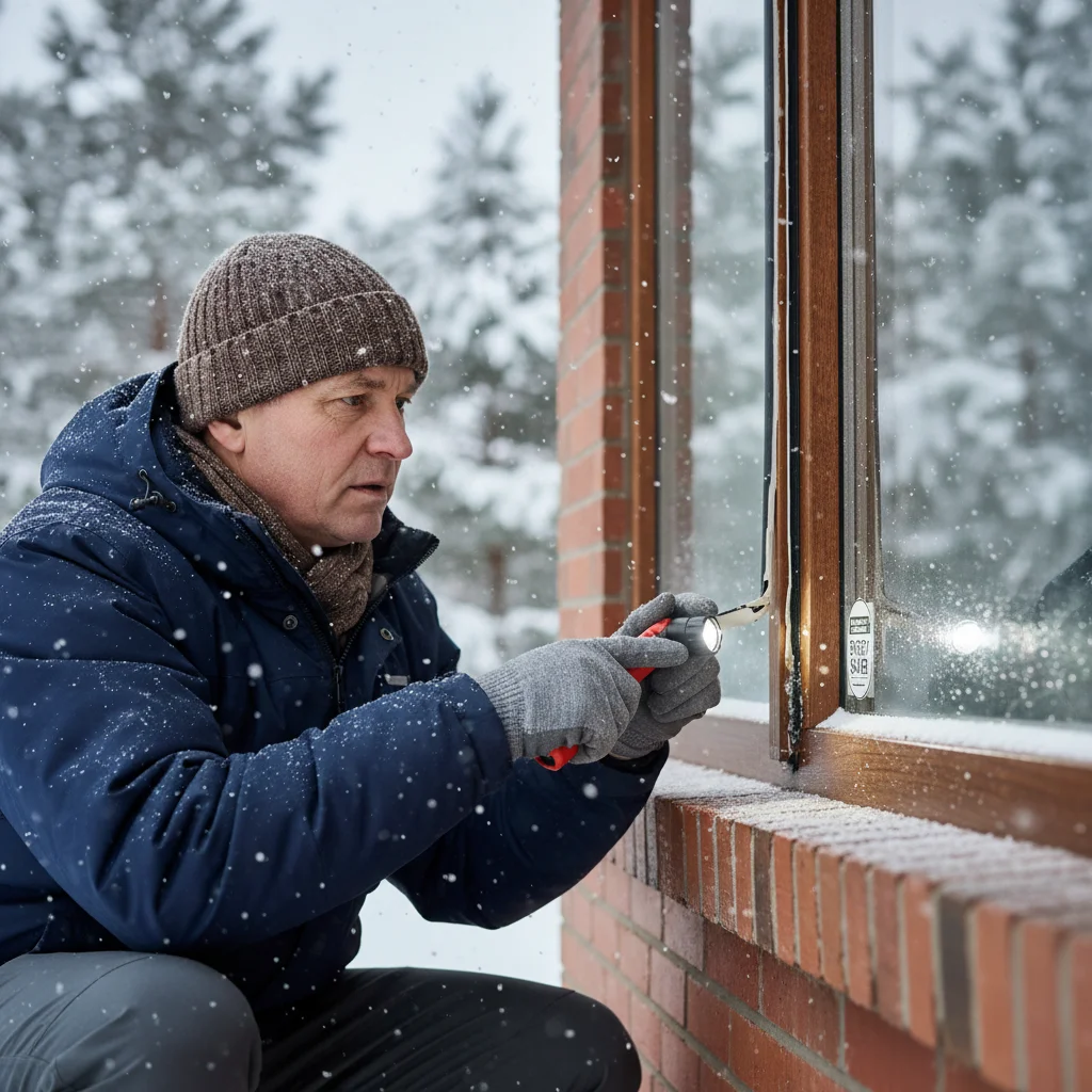 Homeowner checking window weather stripping for energy loss in winter