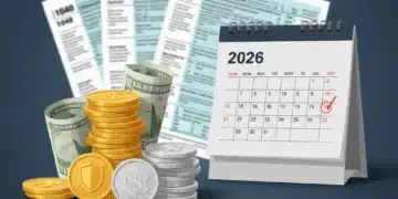 Illustration of money, tax forms, and a 2026 calendar for tax planning
