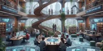 Modern US library interior with people using computers, reading, and collaborating.