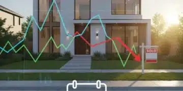Modern home with 'Sold' sign and financial charts indicating declining interest rates in 2026, symbolizing mortgage refinancing opportunities.