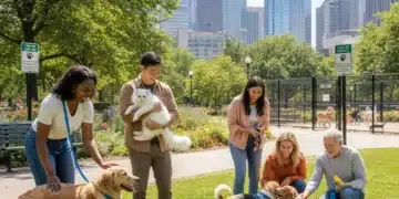 Diverse pet owners with happy pets in a park, symbolizing responsible ownership and community.
