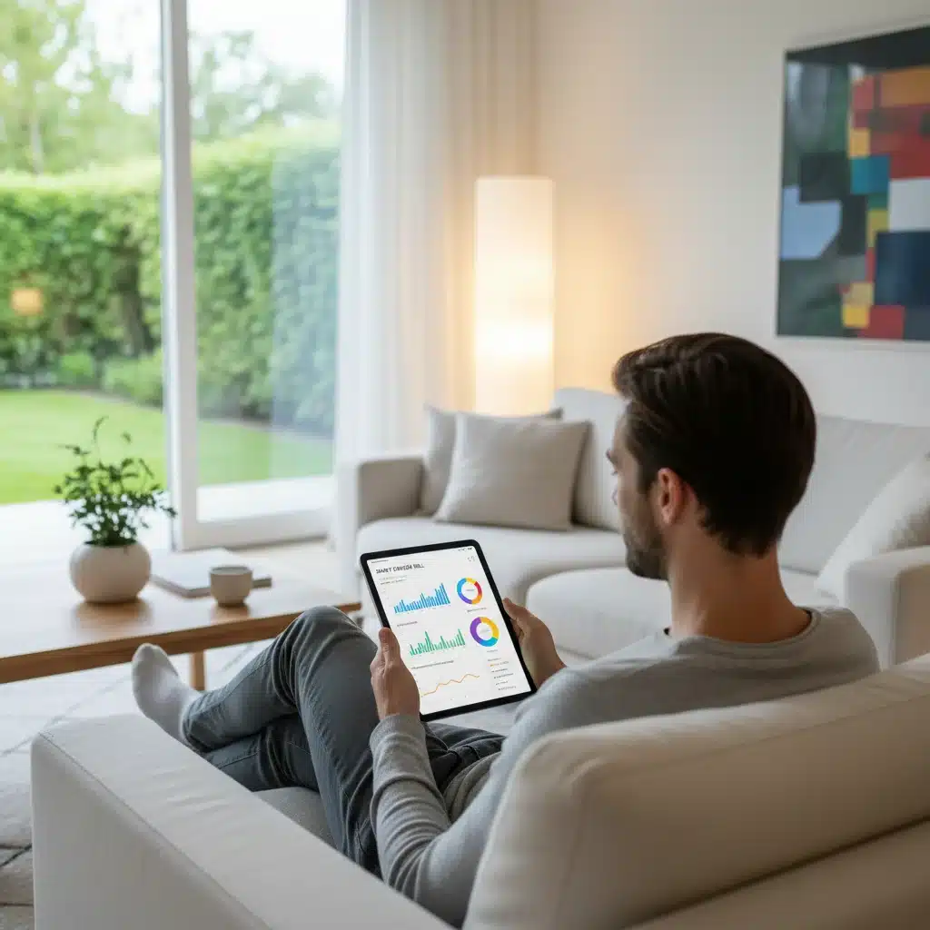 Person analyzing digital utility bill for cost savings and consumption trends.
