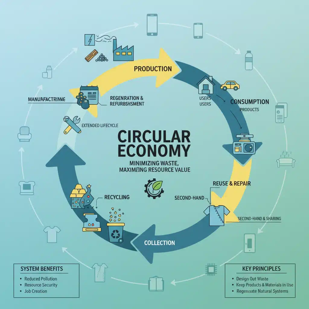 Circular economy model emphasizing reuse, repair, and recycling.