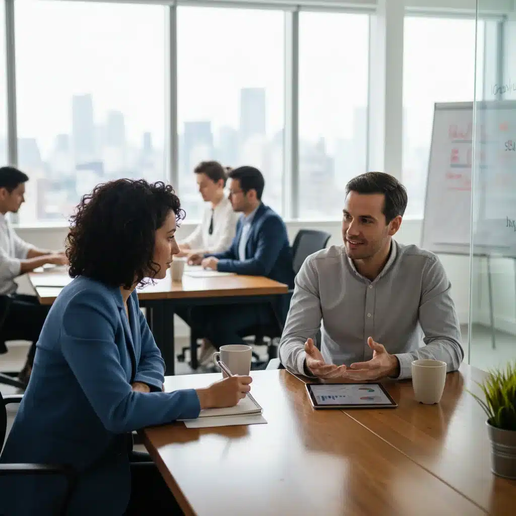 Colleagues giving and receiving constructive feedback during a one-on-one session.