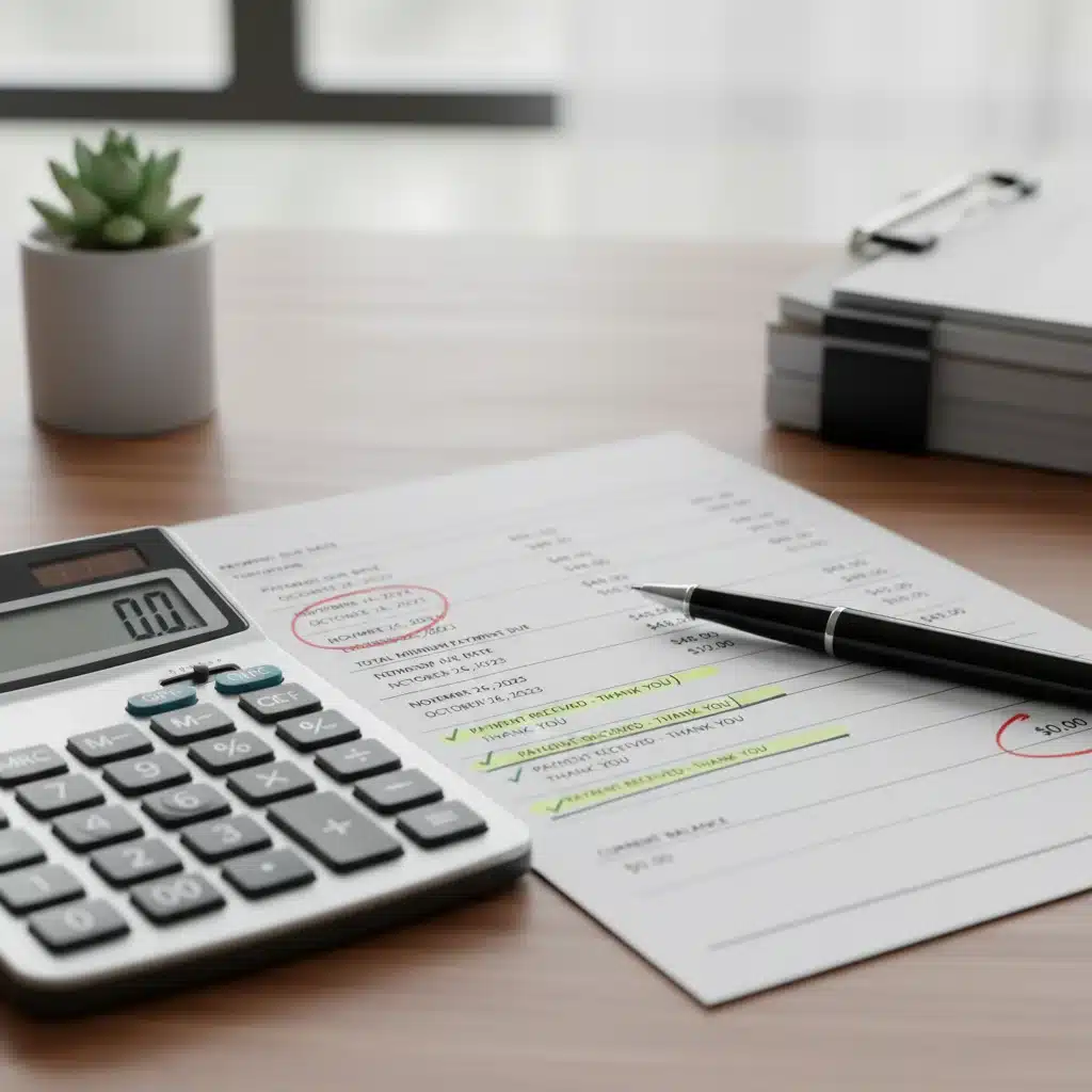 Credit card statement with calculator and pen for financial management