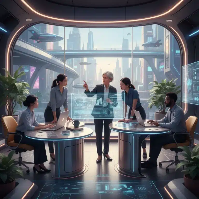 Professionals collaborating in a modern co-working space, digital mentorship