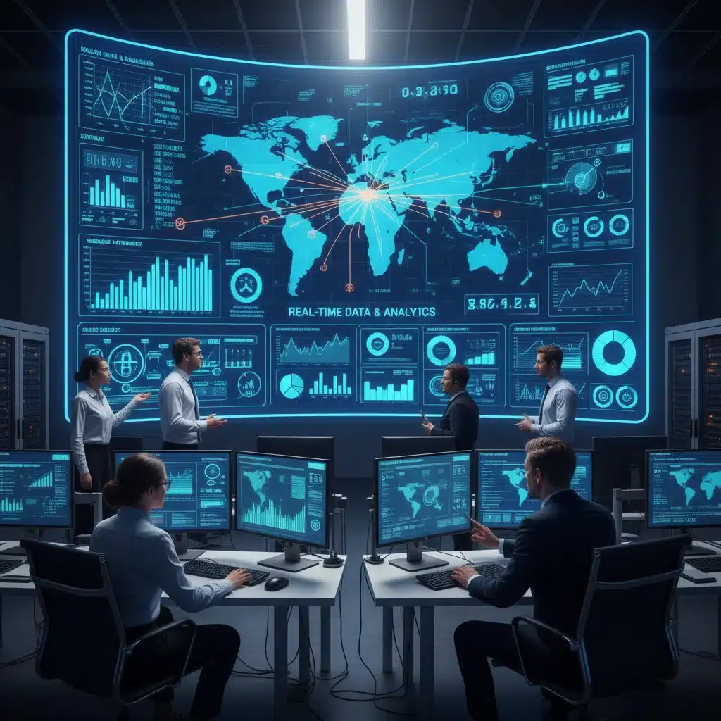Engineers monitoring smart grid data in a control room