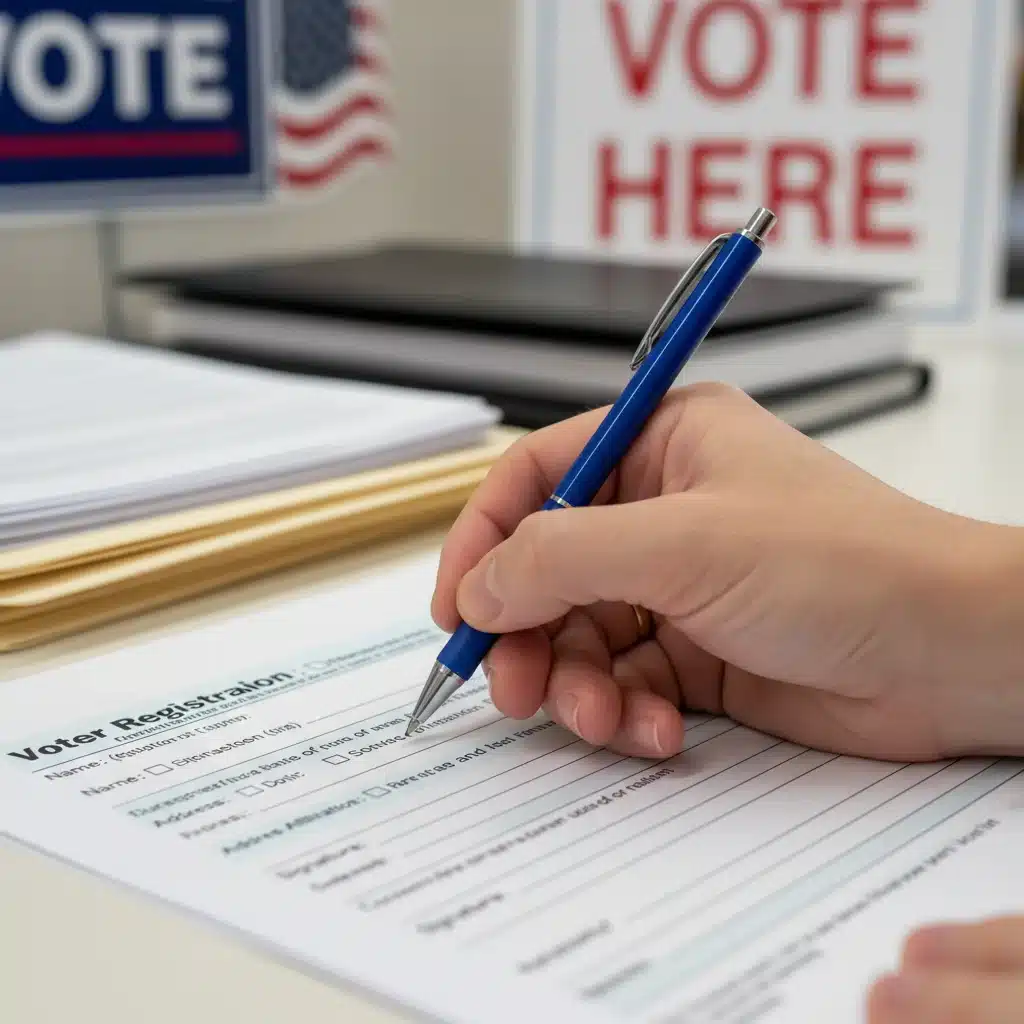 Hand filling out a voter registration form carefully.