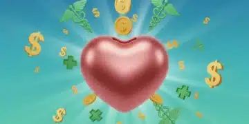 Heart-shaped piggy bank with dollar signs and medical symbols representing health savings and financial growth.