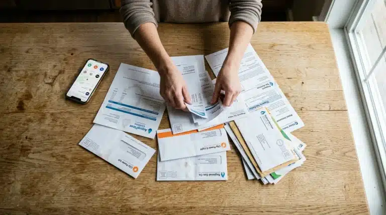 An overhead view of a person's hands sorting through various US utility bills for electricity, water, and internet on a distressed wooden table, highlighting the complex and localized nature of essential services.