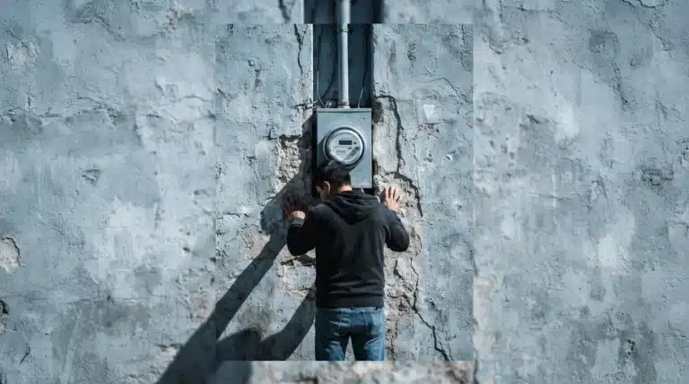 A person observing a smart electricity meter integrated into a weathered stucco wall in an urban environment, symbolizing modern essential services.