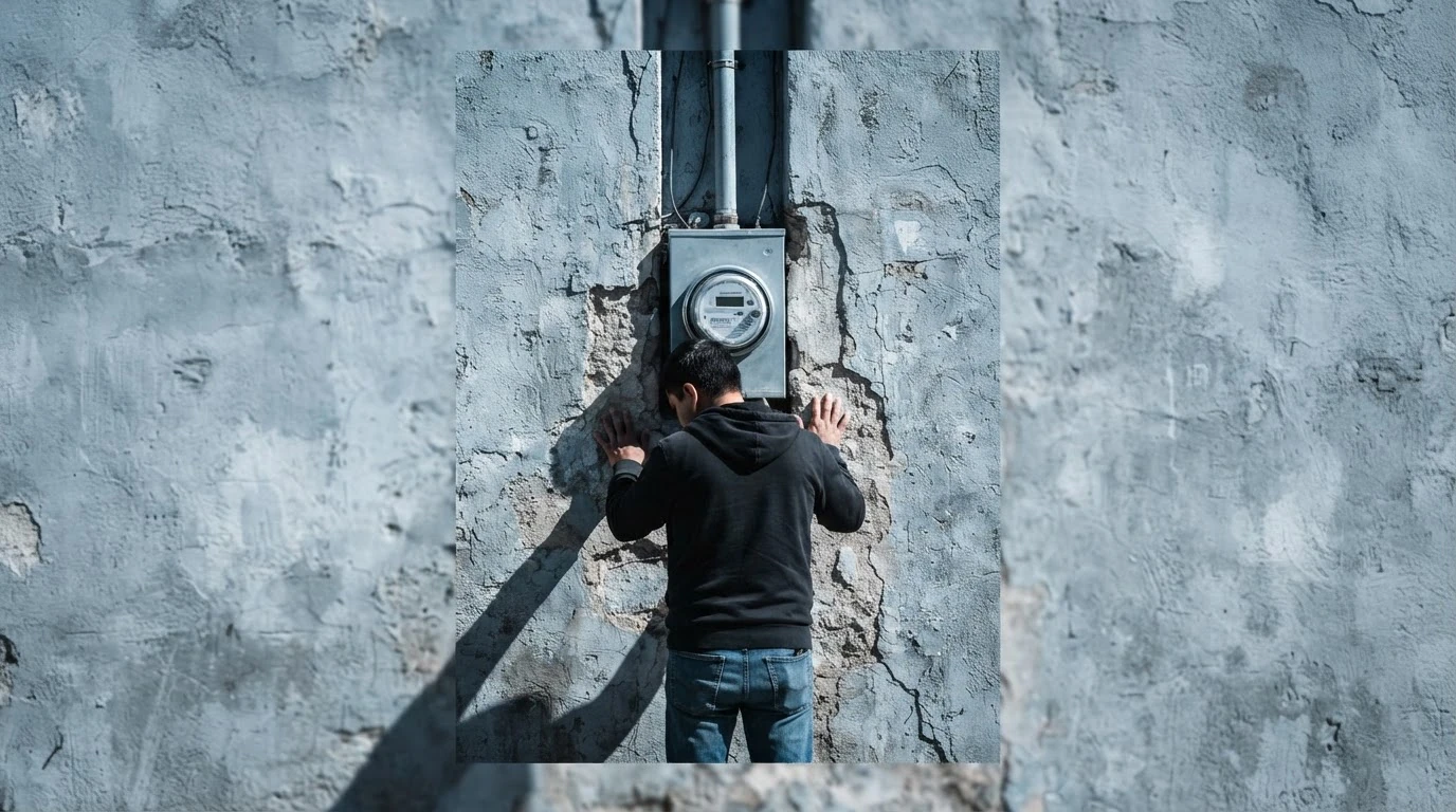 A person observing a smart electricity meter integrated into a weathered stucco wall in an urban environment, symbolizing modern essential services.