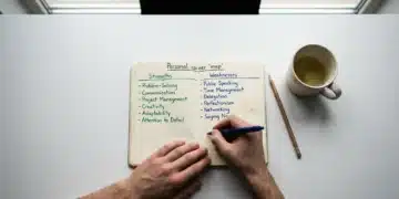 Overhead view of a person's hands drawing a career self-assessment map in a notebook, detailing strengths and weaknesses with green and blue ink pens.