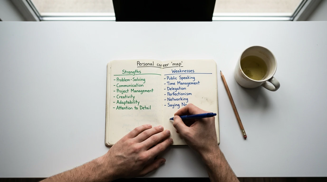 Overhead view of a person's hands drawing a career self-assessment map in a notebook, detailing strengths and weaknesses with green and blue ink pens.