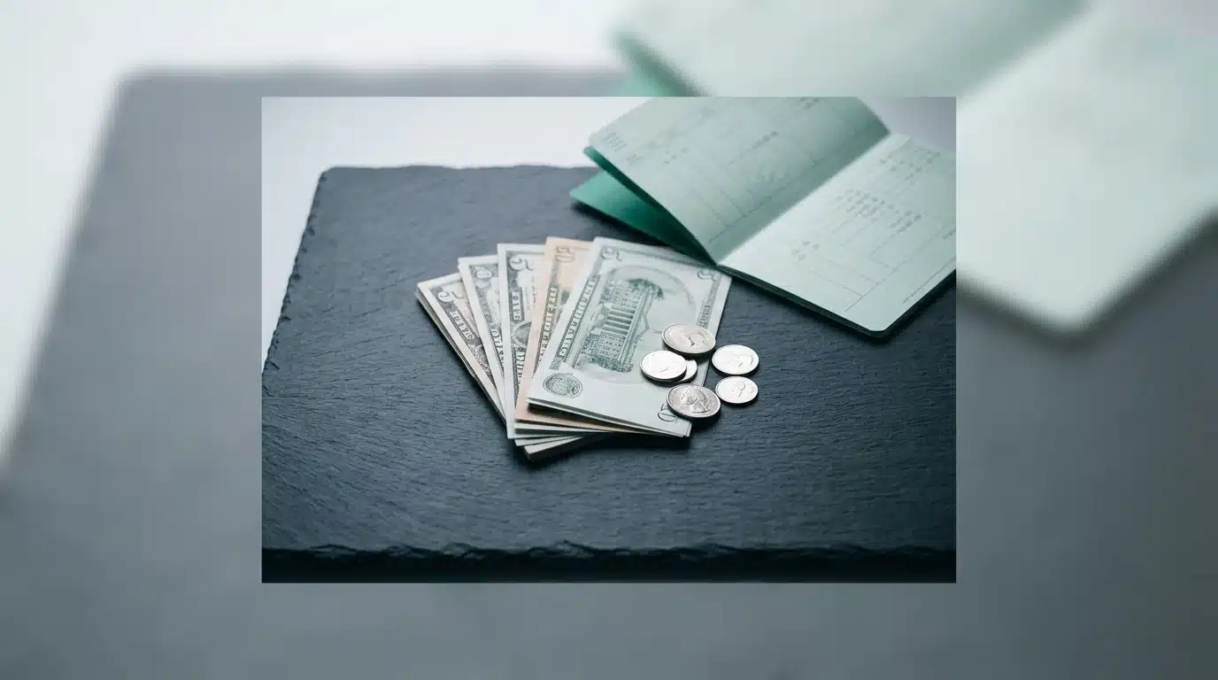 A person's hands meticulously organizing banknotes and silver coins on a slate surface next to a green financial ledger, symbolizing intentional budgeting and personalized wealth management.