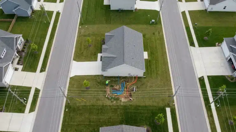 Aerial view of a new suburban house with a worker inspecting a complex network of colored utility lines including water, gas, and fiber optics, highlighting the intricate setup of essential services.
