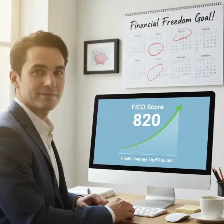 Confident person viewing rising FICO score graph on computer
