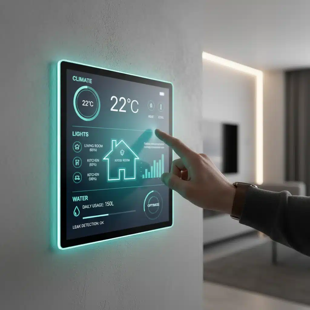 Smart home interface showing integrated utility management and energy efficiency.