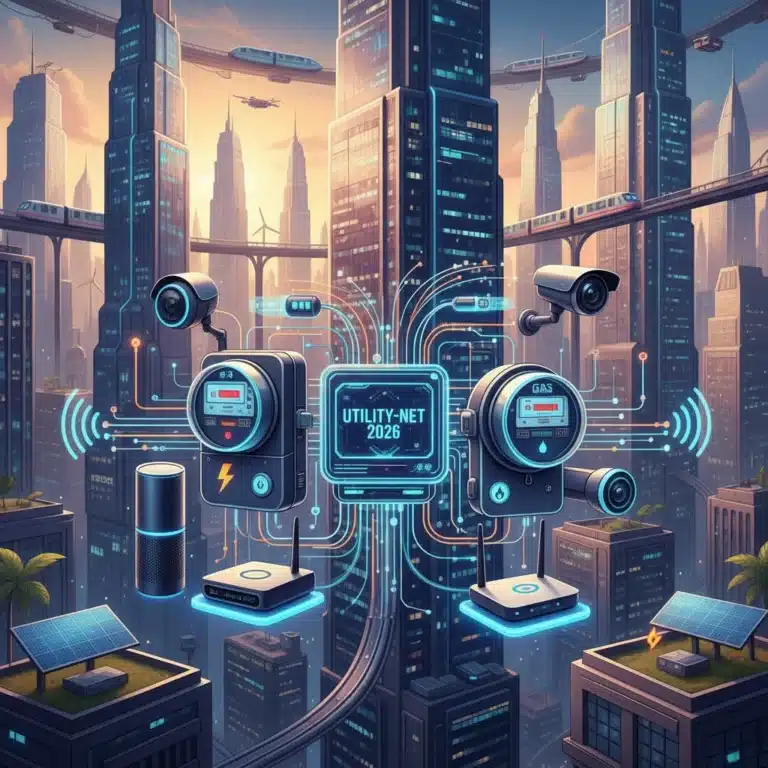 Modern utility meters connected to smart home technology with a city skyline, representing US utility services in 2026.
