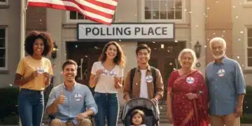 Diverse group of happy voters with 'I Voted' stickers at a polling place.