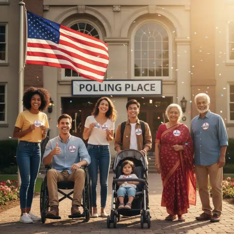 Diverse group of happy voters with 'I Voted' stickers at a polling place.