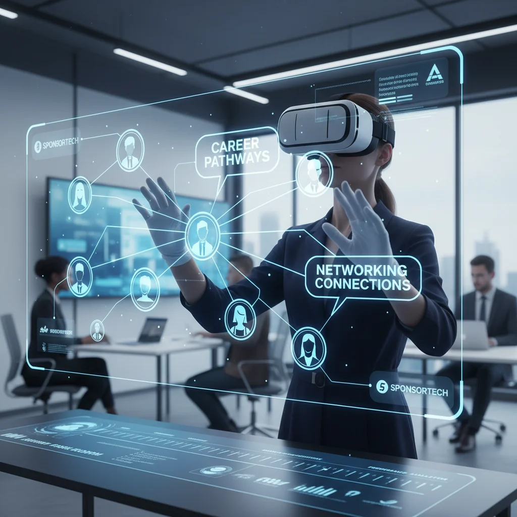 VR headset user exploring holographic career pathways and networking