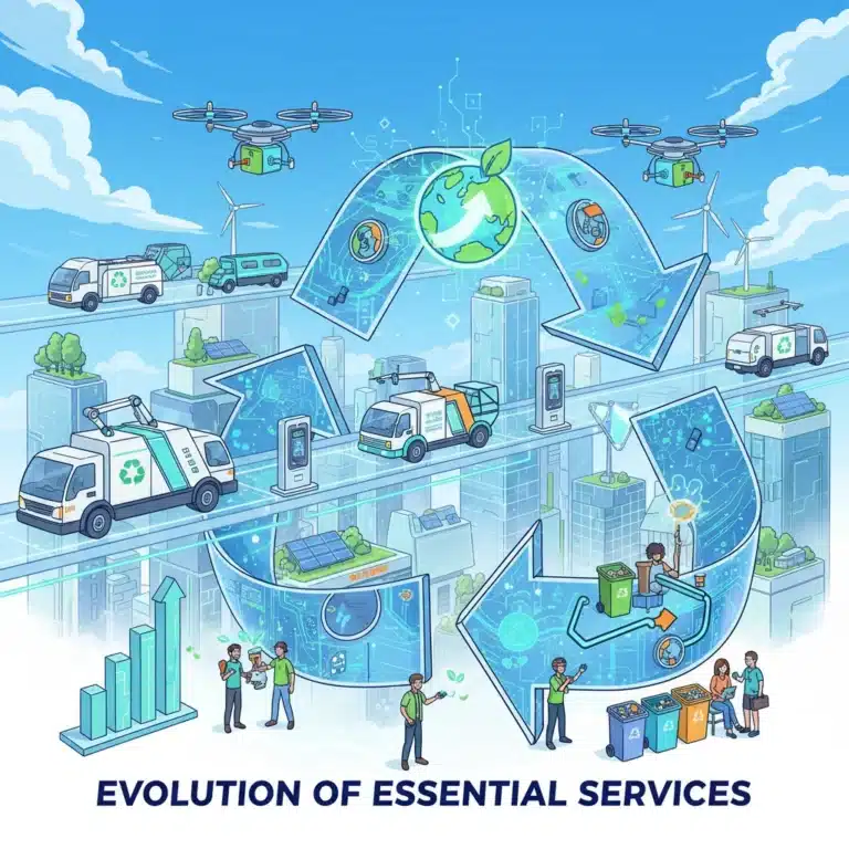 Modern waste management evolution with recycling, smart tech, and green initiatives.