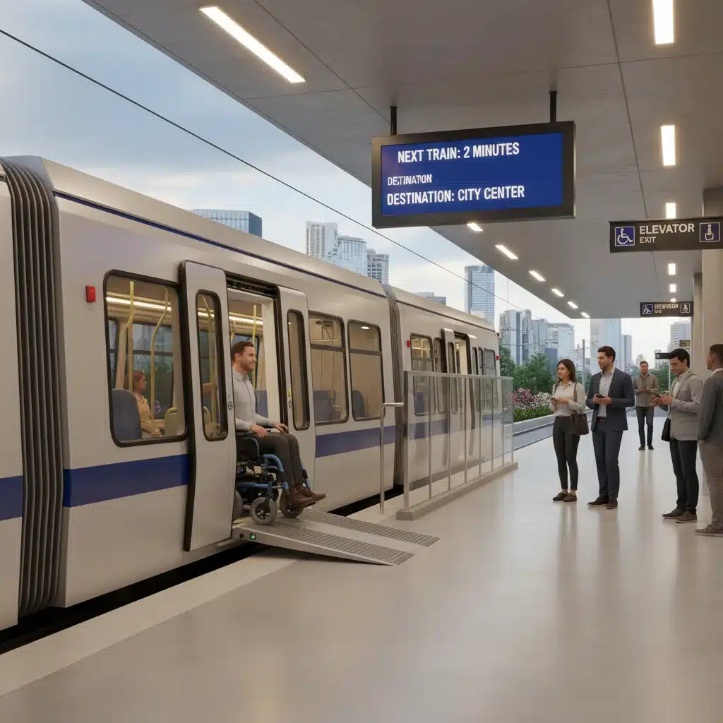 Accessible light rail boarding for wheelchair users in a modern US transit station.