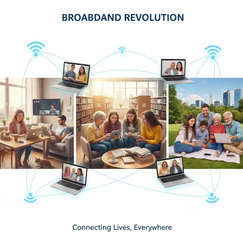 Diverse individuals benefiting from improved broadband access for work, education, and leisure