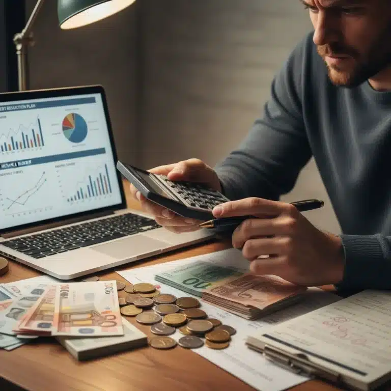Person calculating debt repayment on a desk with financial documents.