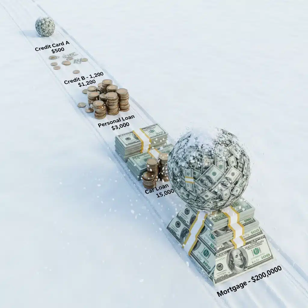 Illustration of the debt snowball method with decreasing debt piles.
