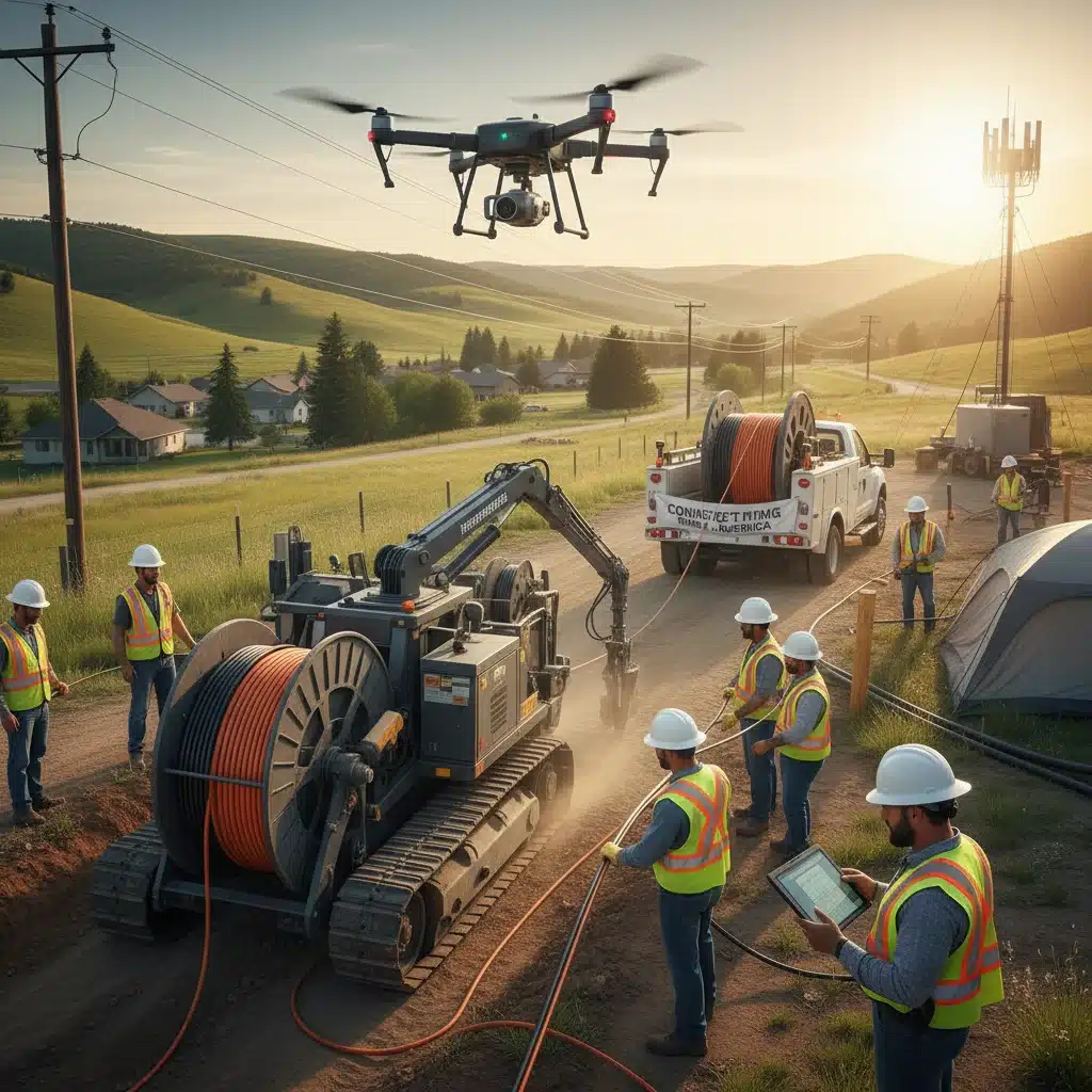 Construction crew installing fiber optic cables in a rural area for internet expansion