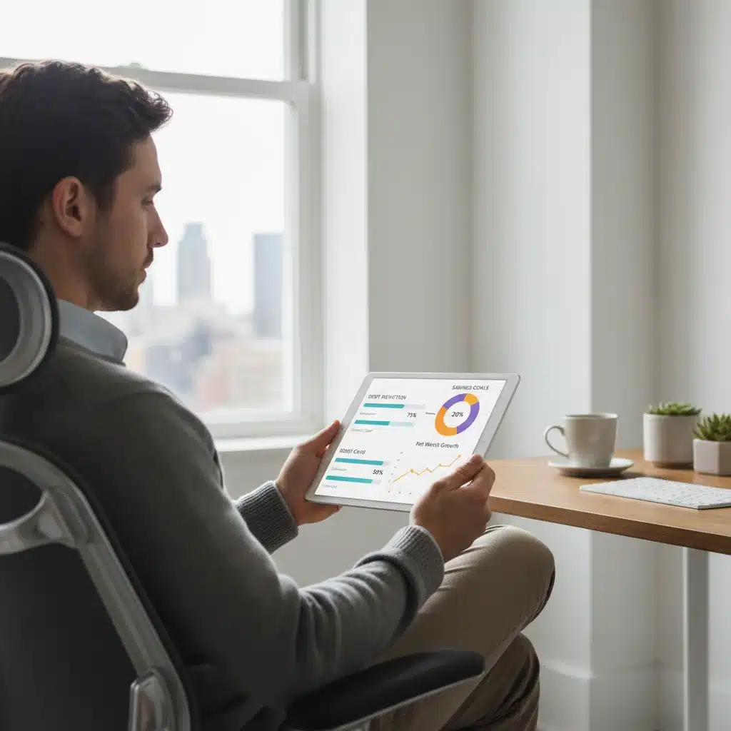 Individual reviewing financial progress on a tablet.