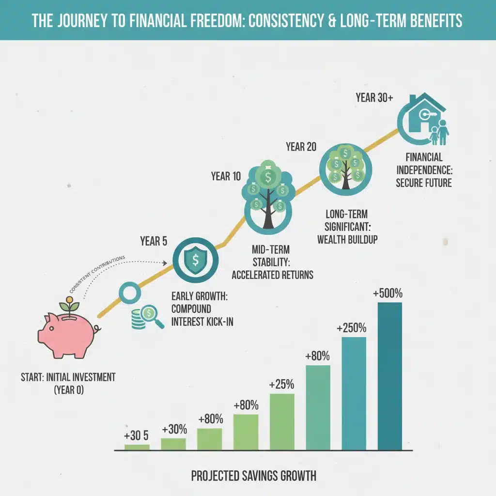 Financial timeline illustrating compound interest and long-term savings growth